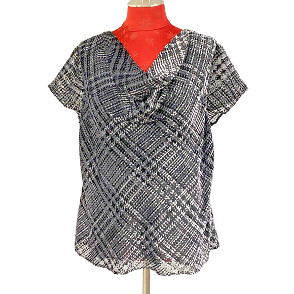 Jones New York Size 12 Black & Silver Top Blouse Velvet Burnout Draped Neckline - Picture 1 of 10